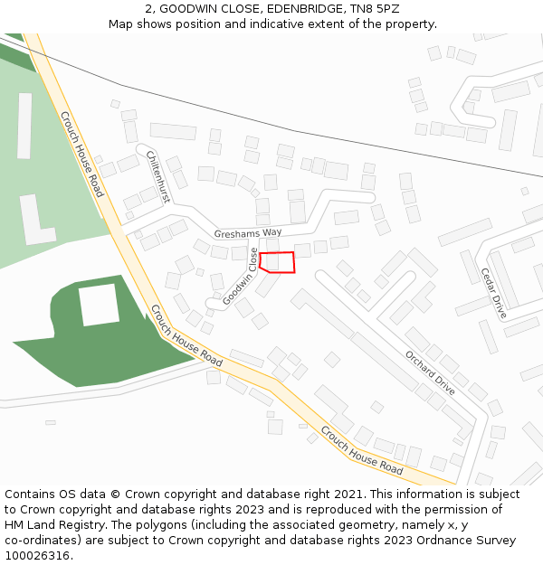 2, GOODWIN CLOSE, EDENBRIDGE, TN8 5PZ: Location map and indicative extent of plot