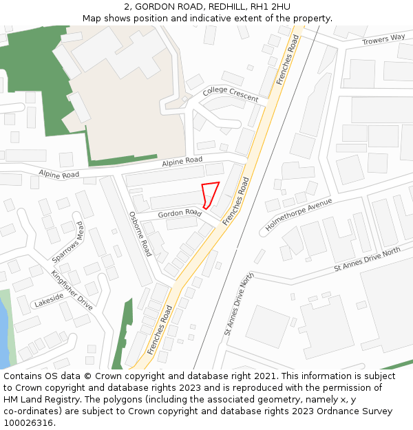 2, GORDON ROAD, REDHILL, RH1 2HU: Location map and indicative extent of plot