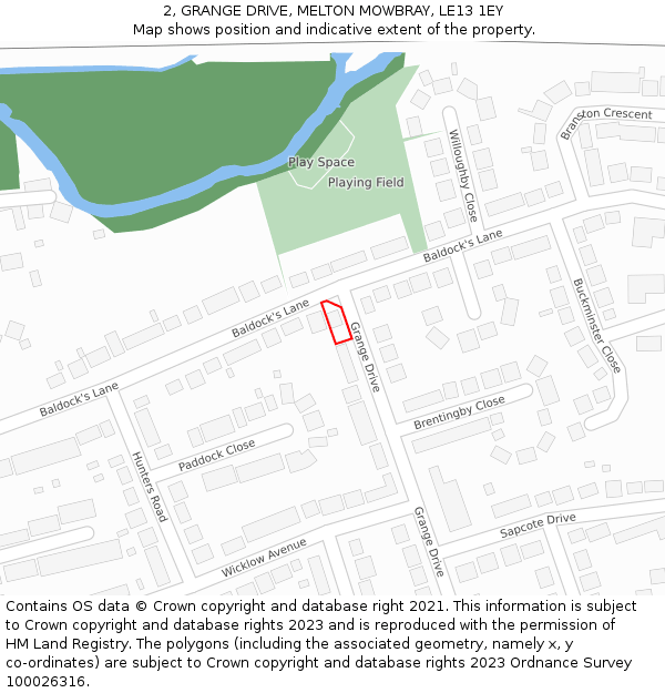 2, GRANGE DRIVE, MELTON MOWBRAY, LE13 1EY: Location map and indicative extent of plot