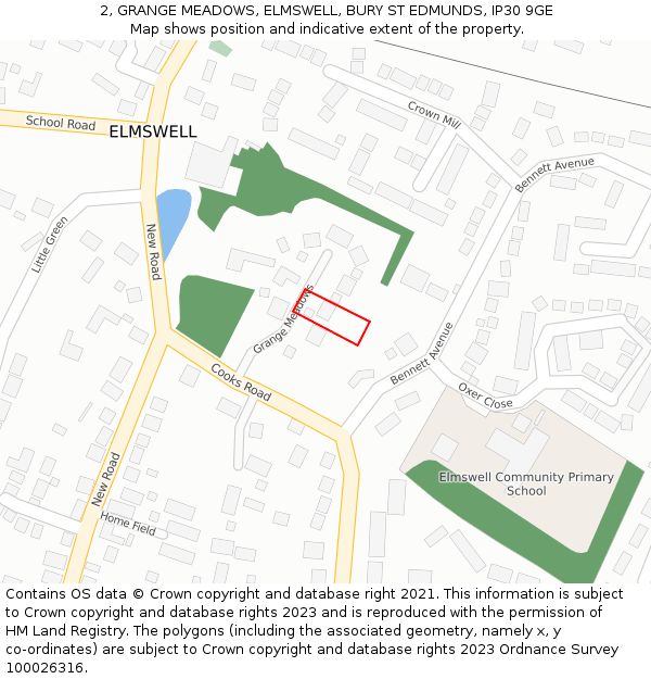 2, GRANGE MEADOWS, ELMSWELL, BURY ST EDMUNDS, IP30 9GE: Location map and indicative extent of plot