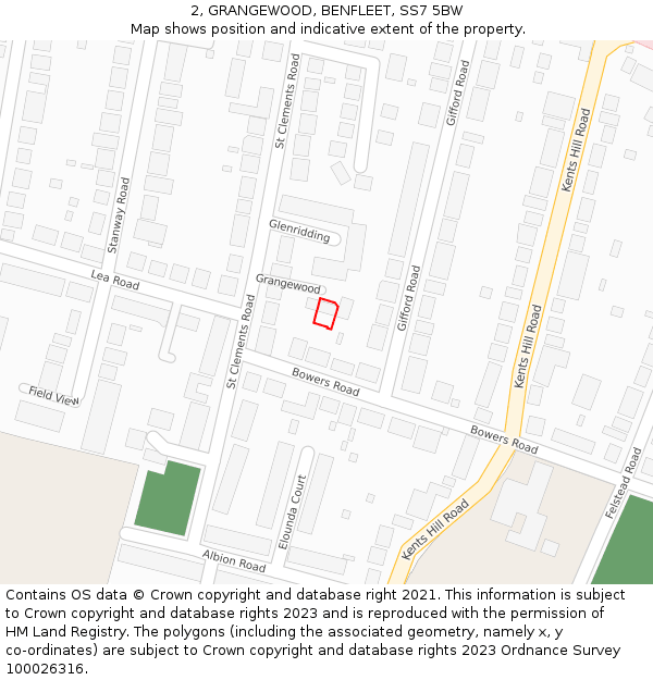 2, GRANGEWOOD, BENFLEET, SS7 5BW: Location map and indicative extent of plot