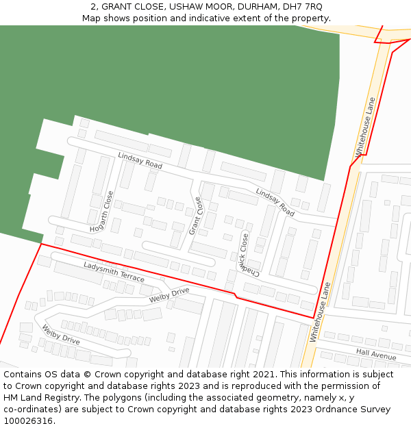 2, GRANT CLOSE, USHAW MOOR, DURHAM, DH7 7RQ: Location map and indicative extent of plot