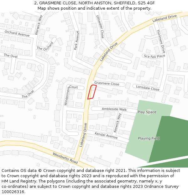 2, GRASMERE CLOSE, NORTH ANSTON, SHEFFIELD, S25 4GF: Location map and indicative extent of plot