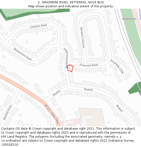 2, GRASMERE ROAD, KETTERING, NN16 8UG: Location map and indicative extent of plot