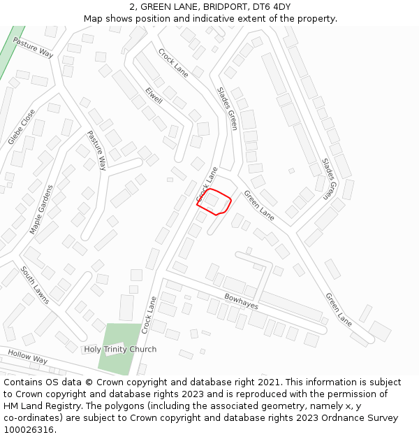 2, GREEN LANE, BRIDPORT, DT6 4DY: Location map and indicative extent of plot