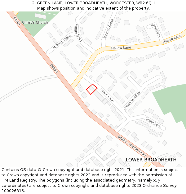 2, GREEN LANE, LOWER BROADHEATH, WORCESTER, WR2 6QH: Location map and indicative extent of plot