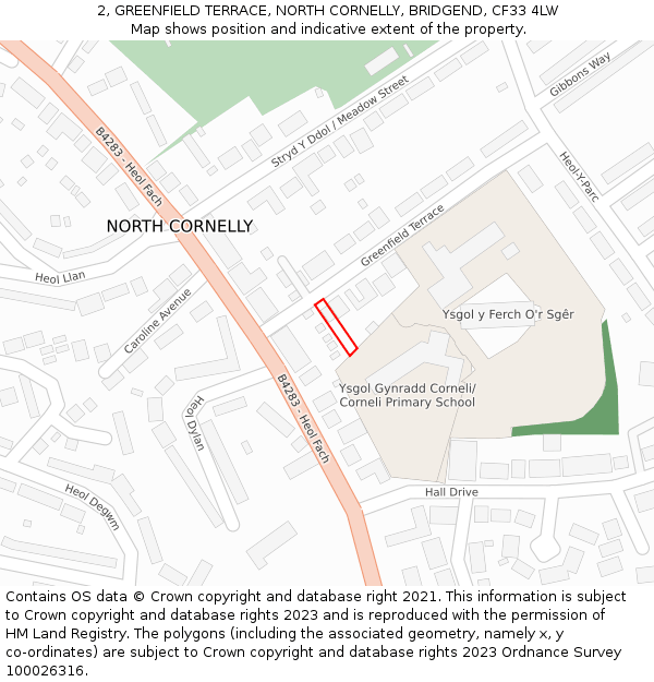 2, GREENFIELD TERRACE, NORTH CORNELLY, BRIDGEND, CF33 4LW: Location map and indicative extent of plot