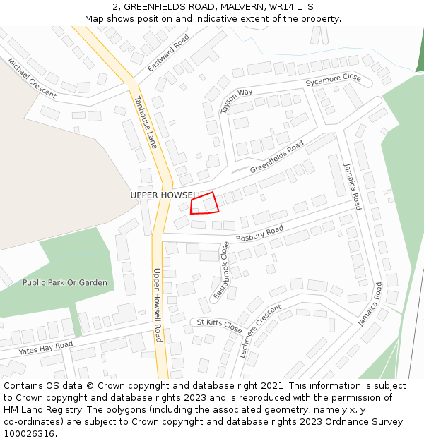 2, GREENFIELDS ROAD, MALVERN, WR14 1TS: Location map and indicative extent of plot
