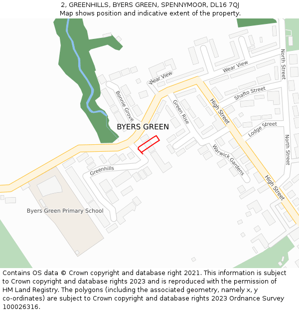 2, GREENHILLS, BYERS GREEN, SPENNYMOOR, DL16 7QJ: Location map and indicative extent of plot