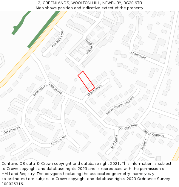 2, GREENLANDS, WOOLTON HILL, NEWBURY, RG20 9TB: Location map and indicative extent of plot