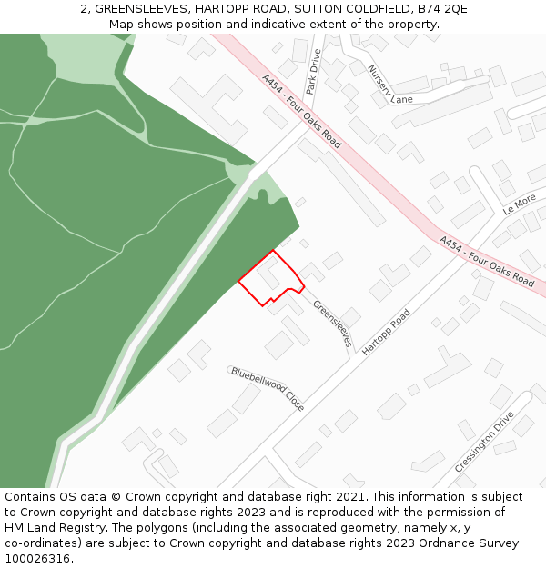 2, GREENSLEEVES, HARTOPP ROAD, SUTTON COLDFIELD, B74 2QE: Location map and indicative extent of plot