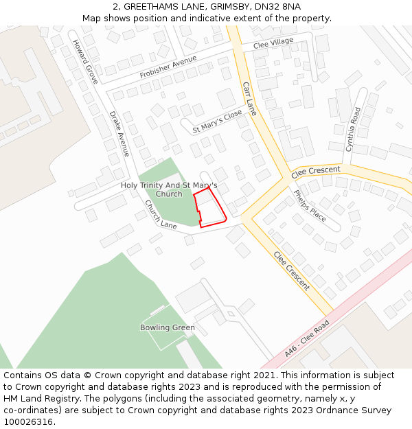 2, GREETHAMS LANE, GRIMSBY, DN32 8NA: Location map and indicative extent of plot