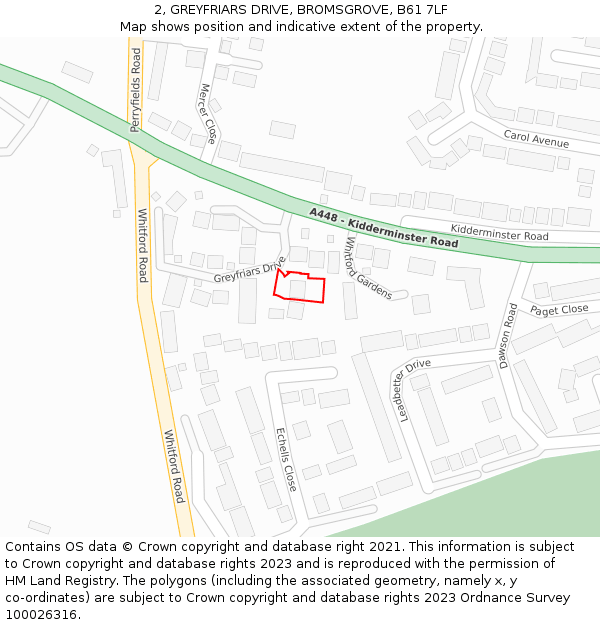 2, GREYFRIARS DRIVE, BROMSGROVE, B61 7LF: Location map and indicative extent of plot