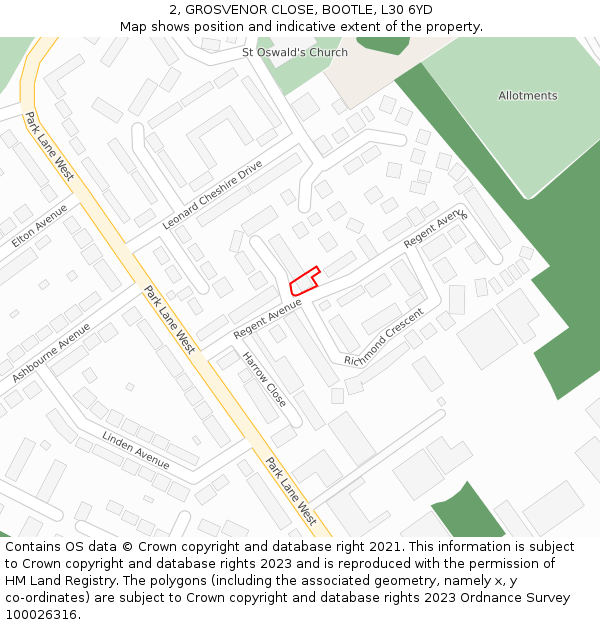 2, GROSVENOR CLOSE, BOOTLE, L30 6YD: Location map and indicative extent of plot
