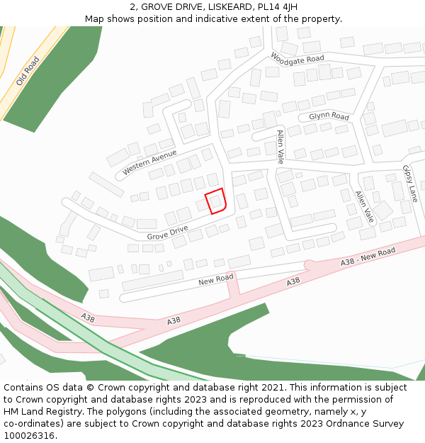 2, GROVE DRIVE, LISKEARD, PL14 4JH: Location map and indicative extent of plot