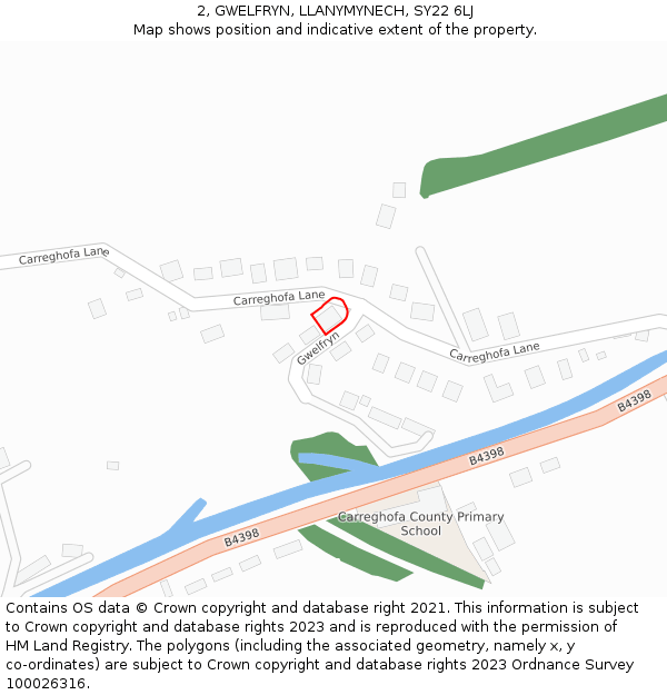 2, GWELFRYN, LLANYMYNECH, SY22 6LJ: Location map and indicative extent of plot