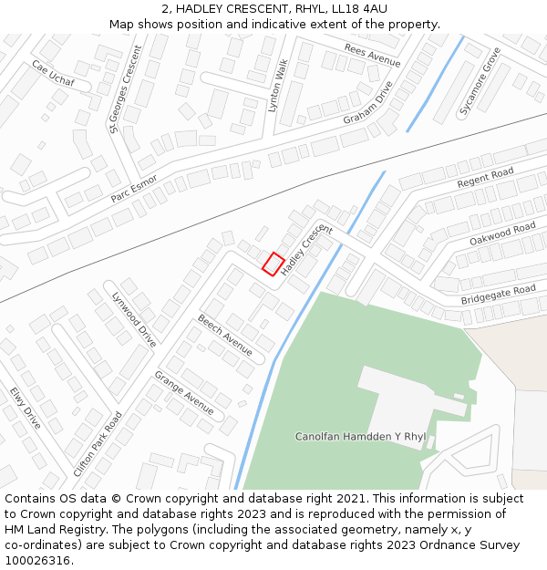 2, HADLEY CRESCENT, RHYL, LL18 4AU: Location map and indicative extent of plot
