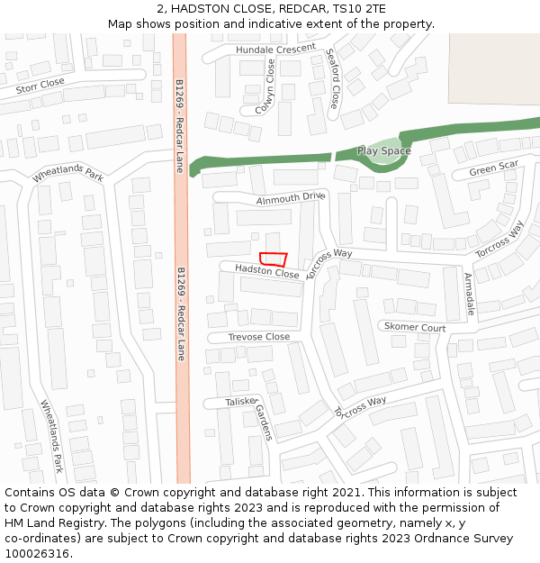 2, HADSTON CLOSE, REDCAR, TS10 2TE: Location map and indicative extent of plot