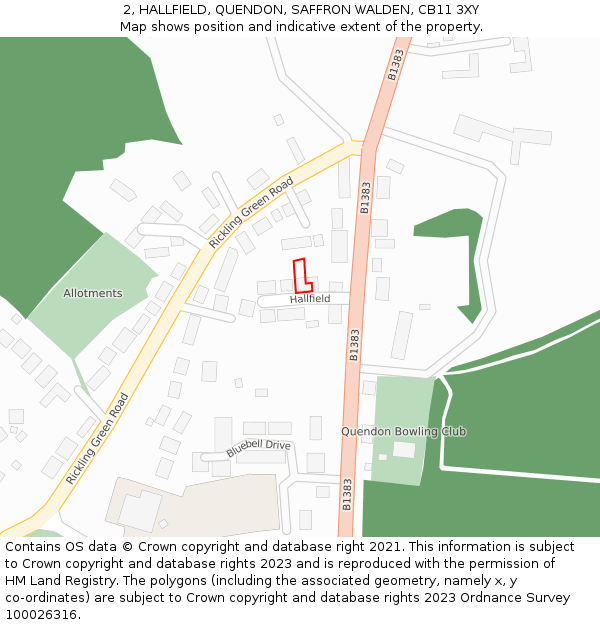 2, HALLFIELD, QUENDON, SAFFRON WALDEN, CB11 3XY: Location map and indicative extent of plot