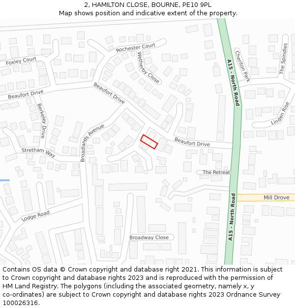2, HAMILTON CLOSE, BOURNE, PE10 9PL: Location map and indicative extent of plot