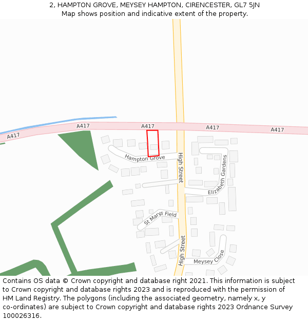 2, HAMPTON GROVE, MEYSEY HAMPTON, CIRENCESTER, GL7 5JN: Location map and indicative extent of plot