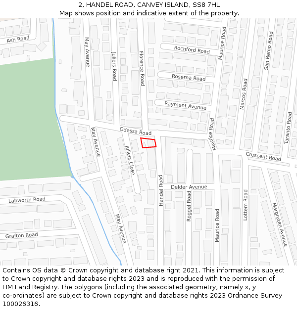 2, HANDEL ROAD, CANVEY ISLAND, SS8 7HL: Location map and indicative extent of plot