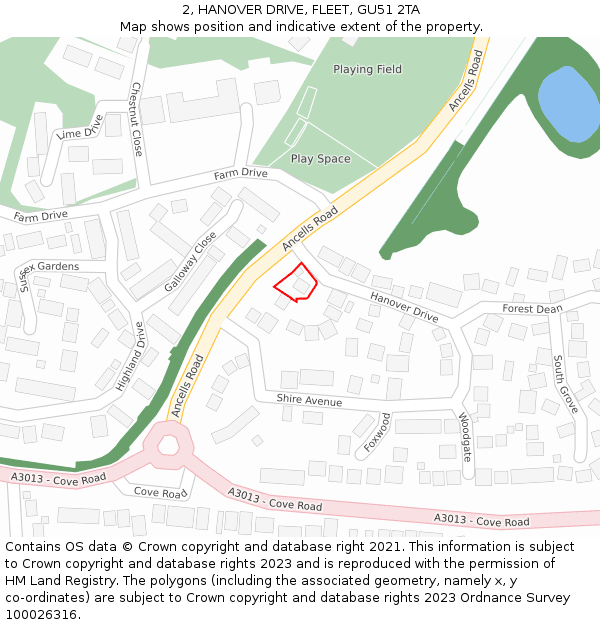 2, HANOVER DRIVE, FLEET, GU51 2TA: Location map and indicative extent of plot