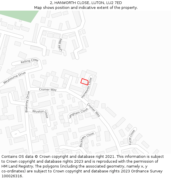 2, HANWORTH CLOSE, LUTON, LU2 7ED: Location map and indicative extent of plot
