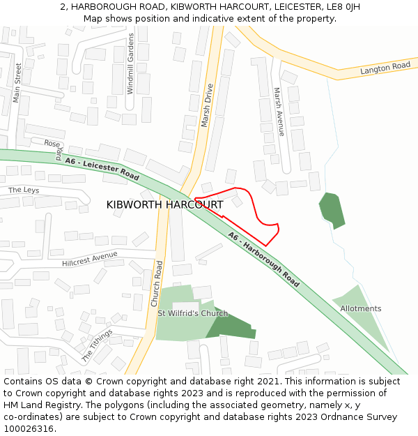2, HARBOROUGH ROAD, KIBWORTH HARCOURT, LEICESTER, LE8 0JH: Location map and indicative extent of plot
