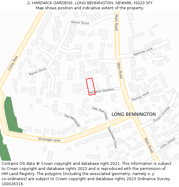 2, HARDWICK GARDENS, LONG BENNINGTON, NEWARK, NG23 5FY: Location map and indicative extent of plot