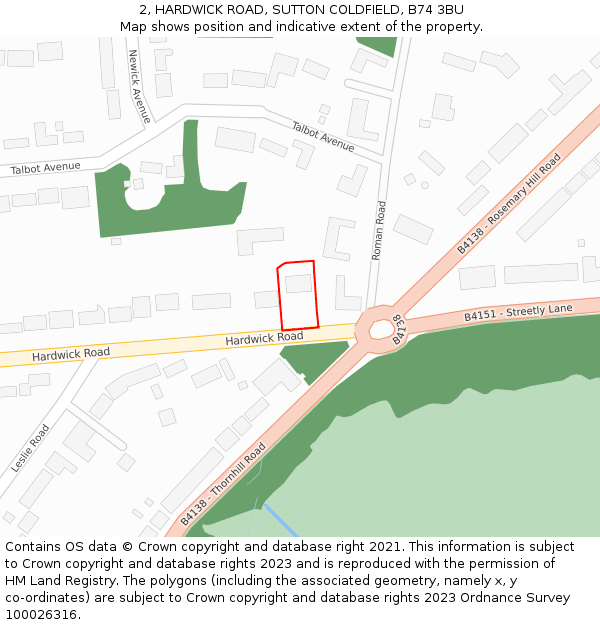 2, HARDWICK ROAD, SUTTON COLDFIELD, B74 3BU: Location map and indicative extent of plot