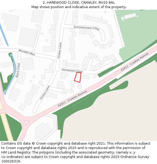 2, HAREWOOD CLOSE, CRAWLEY, RH10 8AL: Location map and indicative extent of plot