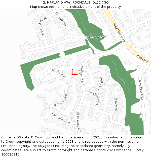 2, HARLAND WAY, ROCHDALE, OL12 7GQ: Location map and indicative extent of plot