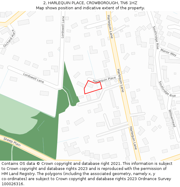 2, HARLEQUIN PLACE, CROWBOROUGH, TN6 1HZ: Location map and indicative extent of plot