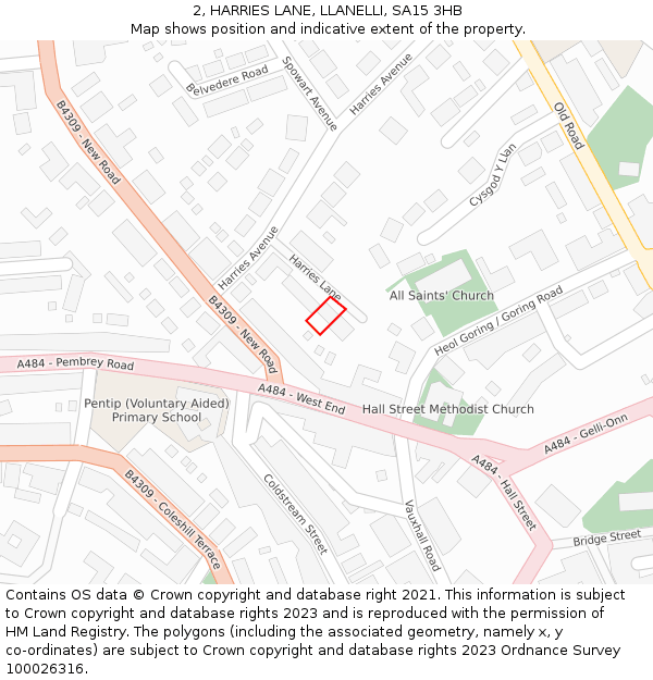 2, HARRIES LANE, LLANELLI, SA15 3HB: Location map and indicative extent of plot