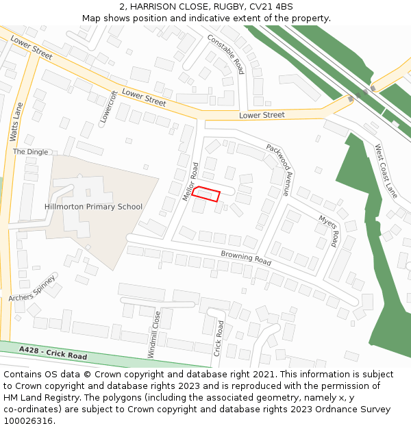 2, HARRISON CLOSE, RUGBY, CV21 4BS: Location map and indicative extent of plot