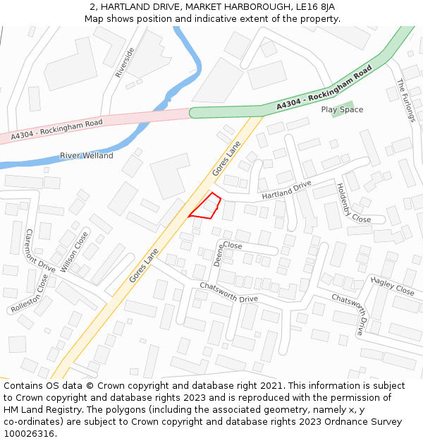 2, HARTLAND DRIVE, MARKET HARBOROUGH, LE16 8JA: Location map and indicative extent of plot