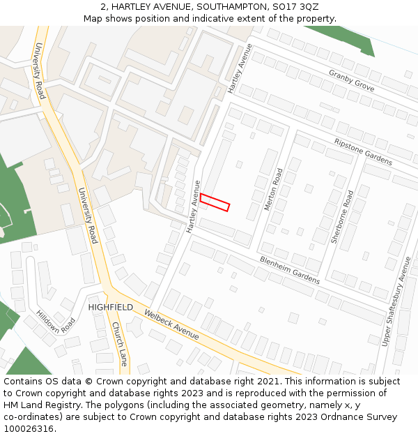 2, HARTLEY AVENUE, SOUTHAMPTON, SO17 3QZ: Location map and indicative extent of plot