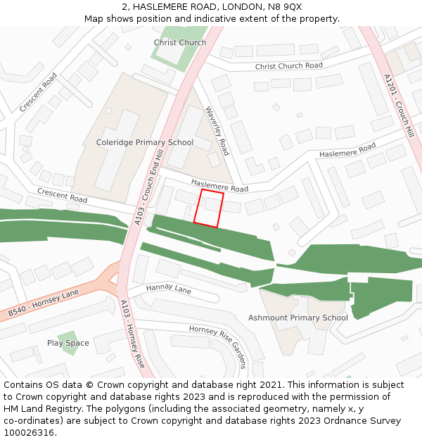 2, HASLEMERE ROAD, LONDON, N8 9QX: Location map and indicative extent of plot