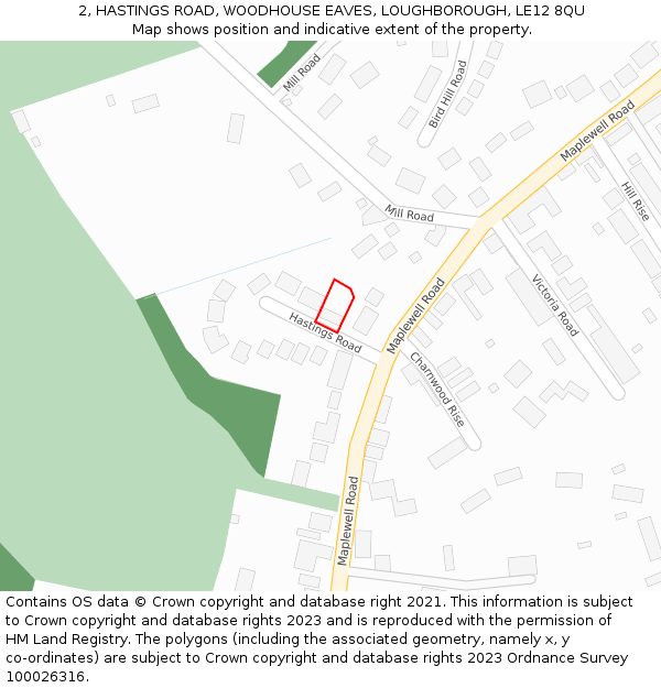 2, HASTINGS ROAD, WOODHOUSE EAVES, LOUGHBOROUGH, LE12 8QU: Location map and indicative extent of plot