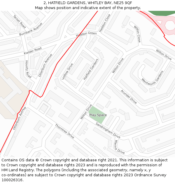 2, HATFIELD GARDENS, WHITLEY BAY, NE25 9QF: Location map and indicative extent of plot