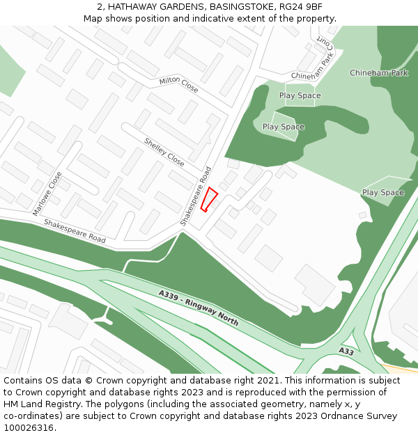 2, HATHAWAY GARDENS, BASINGSTOKE, RG24 9BF: Location map and indicative extent of plot