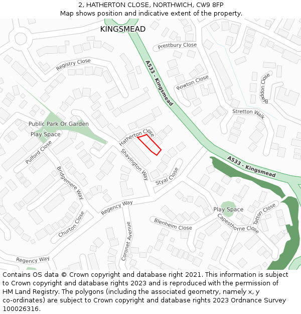 2, HATHERTON CLOSE, NORTHWICH, CW9 8FP: Location map and indicative extent of plot