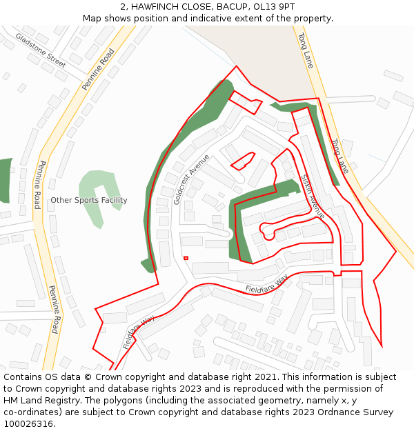 2, HAWFINCH CLOSE, BACUP, OL13 9PT: Location map and indicative extent of plot