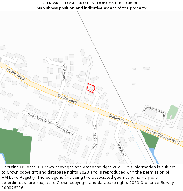 2, HAWKE CLOSE, NORTON, DONCASTER, DN6 9PG: Location map and indicative extent of plot