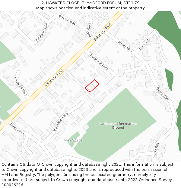 2, HAWKERS CLOSE, BLANDFORD FORUM, DT11 7SJ: Location map and indicative extent of plot