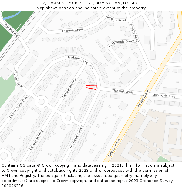 2, HAWKESLEY CRESCENT, BIRMINGHAM, B31 4DL: Location map and indicative extent of plot