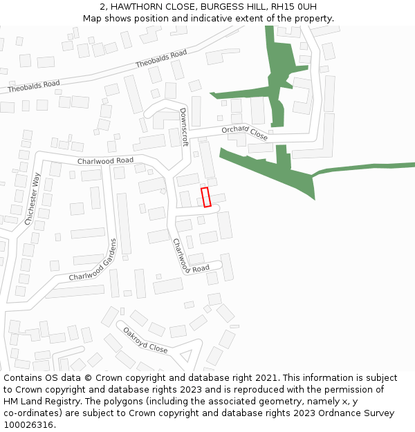 2, HAWTHORN CLOSE, BURGESS HILL, RH15 0UH: Location map and indicative extent of plot