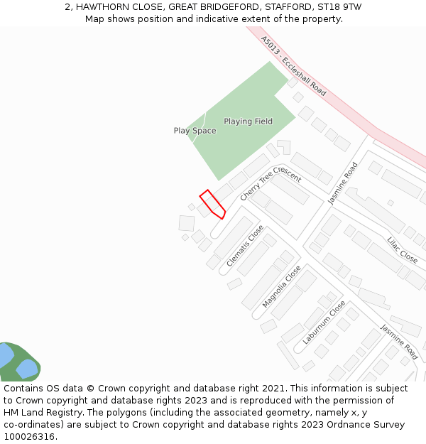 2, HAWTHORN CLOSE, GREAT BRIDGEFORD, STAFFORD, ST18 9TW: Location map and indicative extent of plot