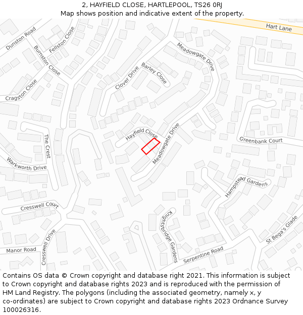 2, HAYFIELD CLOSE, HARTLEPOOL, TS26 0RJ: Location map and indicative extent of plot